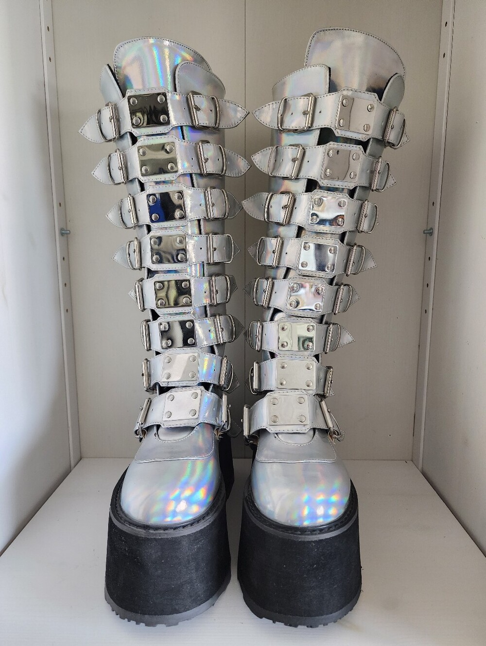 NEW Size 8 Demonia Trinity Holographic Silver Platform Knee-High Boots Holo